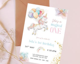 Unicorn birthday invitation, she's a magical one, magical birthday invite, rainbow theme party, glitter birthday invite, girl 1st birthday