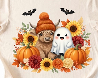 ハロウィンのハイランド牛の赤ちゃんPNG、ハイランド牛のクリップアート、赤ちゃん牛PNG、秋の牛シャツPNG、秋の牛PNG、ハロウィンの牛PNG、かわいい牛のデザイン