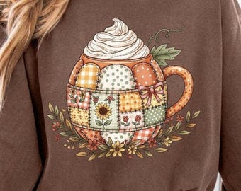 秋のマグカップPNG、秋のドリンク、フェイク刺繍PNG、秋のコーヒーPNG、パンプキンスパイスPNG、ラテPNG、秋のマグカップPNG、パンプキンスパイスラテ、花の秋