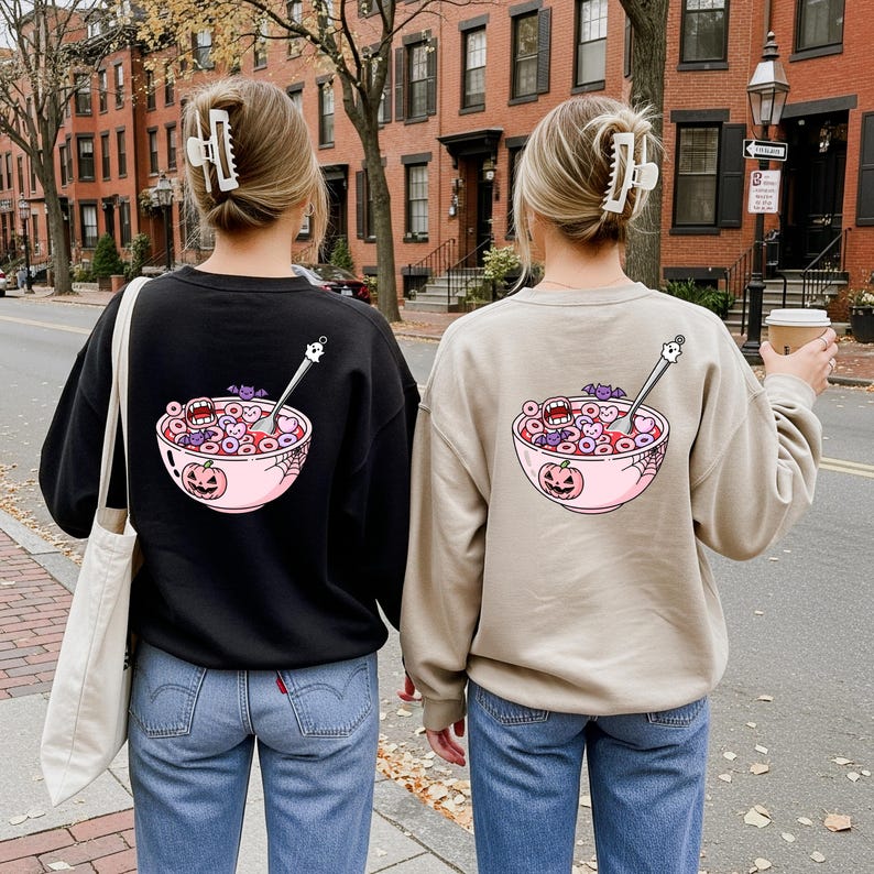 May include: Two sweatshirts, one black and one tan, feature a Halloween-themed graphic on the back. The design includes a pink bowl filled with cereal, a jack-o'-lantern, and other spooky elements. Both sweatshirts are paired with blue jeans.