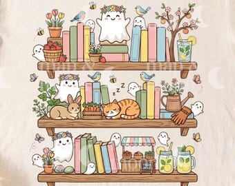 Spooky bookshelf, summerween png, Halloween book png, ghost book png, bookish sunmerween, library png, ghost reading png, spooky kawaii