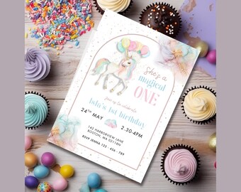 Unicorn birthday invitation, she's a magical one, magical birthday invite, rainbow theme party, glitter birthday invite, girl 1st birthday