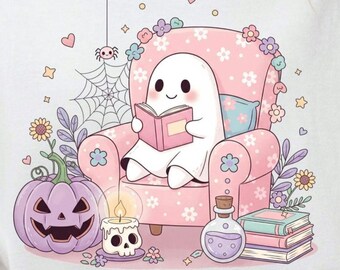 Ghost reading book png, spooky bookshelf, Halloween book png, fall kawaii, librarian Halloween, bookish ghost shirt, ghost reading png