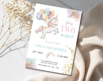 Unicorn birthday invitation, she's two magical, magical birthday invite, rainbow theme party, glitter birthday invite, girl 2nd birthday