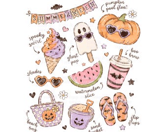 Summerween png, arte del cibo spettrale png, clipart spettrale carina, Halloween kawaii png, caramelle di Halloween png, zucca di Halloween, arte del cibo di Halloween png