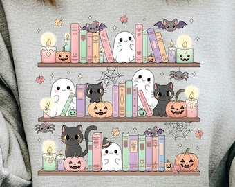 Spooky bookish, halloween bookshelf png, Halloween book png, spooky bookshelf png, ghost reading book png, librarian Halloween, tumbler wrap