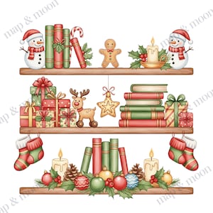 May include: Watercolor illustration of three wooden shelves decorated for Christmas. The shelves feature books, gifts, ornaments, candles, snowmen, a gingerbread man, a reindeer, and hanging stockings. The color palette includes red, green, and gold.