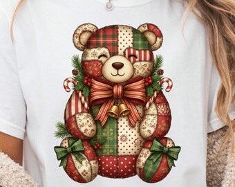 Patchwork natalizio, orso natalizio png, orso carino png, patchwork png, ricamo finto png, orso invernale png, orso polare natalizio png, orsacchiotto di peluche