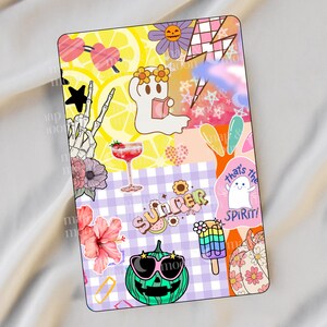 May include: A colorful collage design featuring a variety of summer and Halloween-themed graphics. Includes a ghost, pumpkin, ice cream, and the text "Summer". The design is on a rectangular surface.