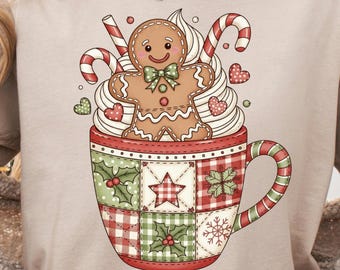 クリスマスのパッチワーク、ジンジャーブレッド png、ポインセチア png、フェイク刺繍 png、クリスマスの花柄 png、ジンジャーブレッドマン png、ホットココア png