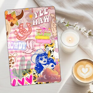 May include: A decorative rectangular item with a cowgirl theme. The design includes a cow skull, horseshoes, cowboy boots, and the words "Yee Haw" and "Howdy." The color palette features pink, blue, and yellow accents.