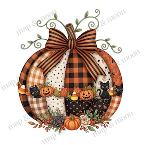 May include: A decorative pumpkin illustration with a large orange and black striped bow. The pumpkin is segmented with various patterns, including plaid, stars, and floral designs. Black cats, pumpkins, and candy corn are featured.