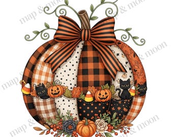Floral Patchwork Pumpkin PNG: Faux Embroidery, Cottagecore Design (Digital Download