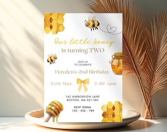 Our little honey invite, 2nd birthday invitation, bee day party, bumble bee theme birthday, sweet to bee two, girl two year old birthday,