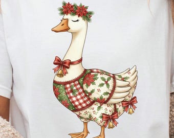 クリスマス パッチワーク、クリスマス ガチョウ png、プレッピー クリスマス png、ガチョウ シャツ png、フェイク刺繍 png、クリスマス フローラル png、ホリデー ガチョウ