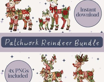 May include: A digital illustration featuring patchwork reindeer in various poses. The reindeer are adorned with bows, floral accents, and bell embellishments. The image includes text that reads "Patchwork Reindeer Bundle" and "Instant download."