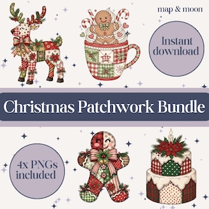 Puede incluir: Paquete de arte digital navideño Patchwork con un reno, un hombre de jengibre en una taza, una persona de jengibre y un pastel. Las imágenes tienen un diseño de patchwork con patrones rojos, verdes y blancos. El texto incluye "Christmas Patchwork Bundle" y "4x PNGs included".