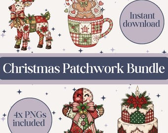 Christmas patchwork, reindeer png, patchwork png, preppy Christmas png, Christmas girly png, faux embroidery png, Christmas png bundle
