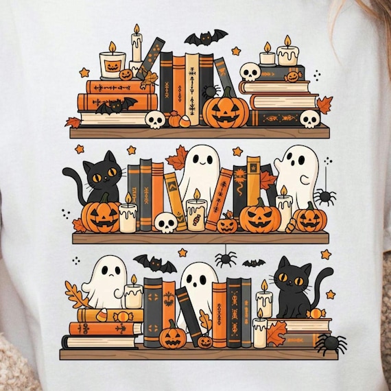 Spooky bookshelf, Halloween book png, ghost book png, librarian Halloween, bookish halloween, library png, ghost reading png, spooky library