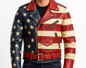 Men's American Flag Leather Biker Jacket | Vintage USA Stars & Stripes