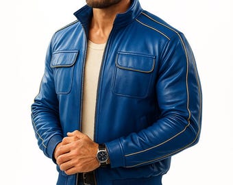 Men's Blue Leather Bomber Jacket | Carrera Movie Cosplay, Retro Flight Style