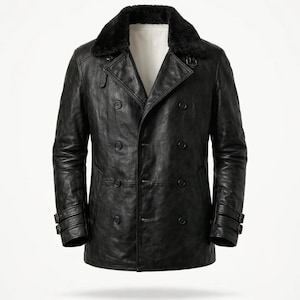 May include: A black leather coat with a double-breasted design and a faux fur collar. The coat features multiple buttons, two front pockets, and adjustable cuffs. The coat is a classic outerwear piece.