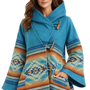 May include: A turquoise hooded coat with a Southwestern-inspired pattern in shades of blue, orange, and cream. The coat features wooden toggle closures and pockets. The sleeves have a flared design.