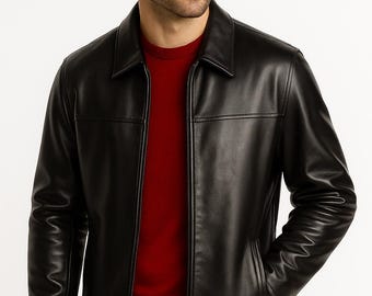 Men's Black Leather Biker Jacket • Slim Fit Moto Style