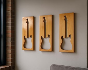 Arte de pared de guitarra de madera de teca - Decoración de sala de música - Juego de 3 piezas