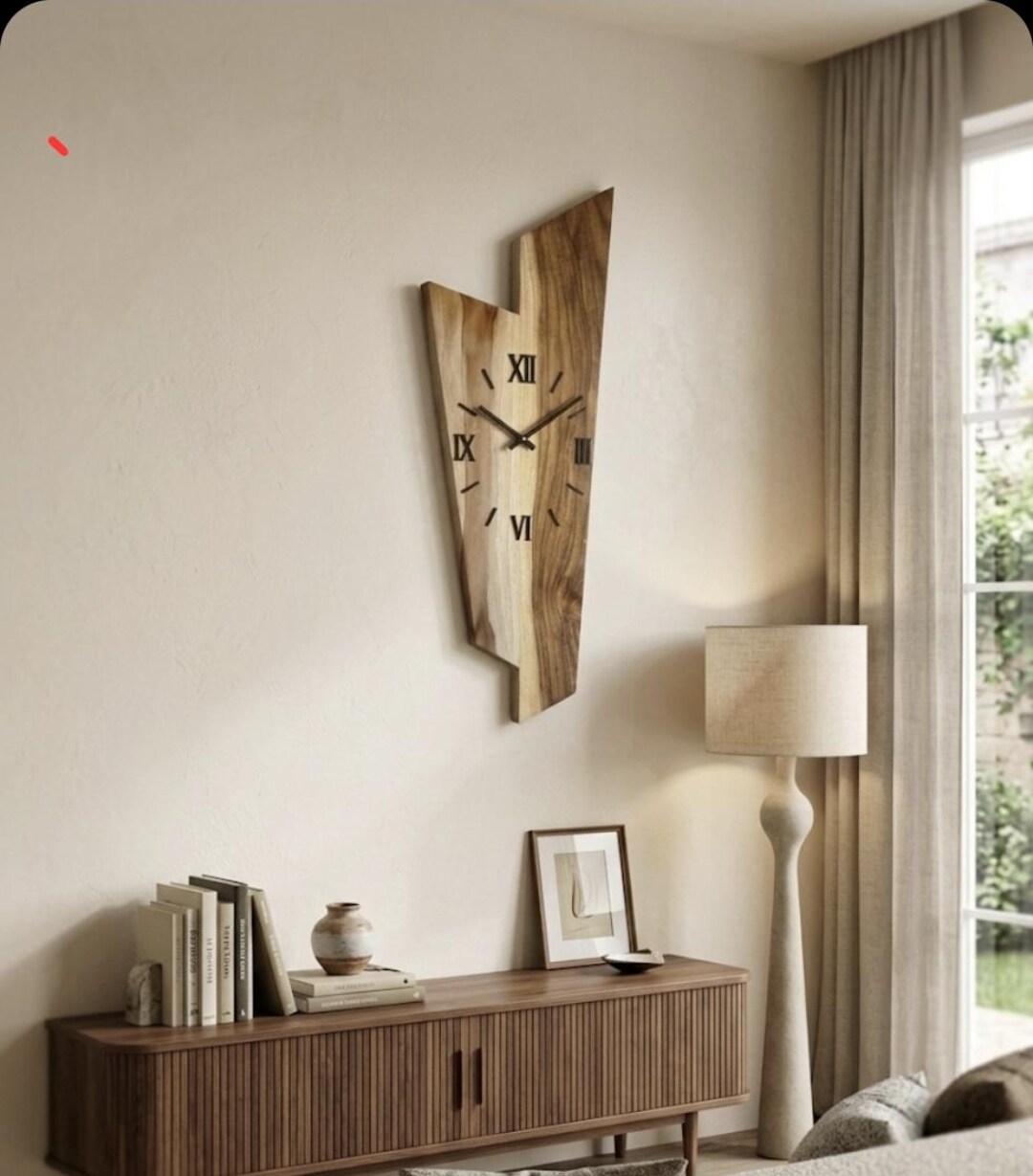 Asymmetrical Wooden Wall Clock – Geometric Natural Wood Grain, Roman ...