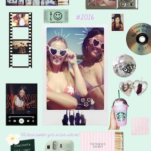 Może przedstawiać: Kolaż zdjęć o estetyce retro, w tym aparat cyfrowy, paski filmowe, płyta CD, kula dyskotekowa i napój Starbucks. Centralny obraz przedstawia dwie kobiety w okularach przeciwsłonecznych w kształcie serca. Inne elementy to znak Coachella i pudełko Victoria's Secret.