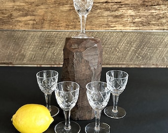 Vintage Crystal Liquor/Cordial Glasses Set of (5) Cross-Cut Diamond Pattern Mid-Century Barware