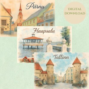 Tallinn Pärnu Haapsalu Digital Download, Watercolour Print Set, Baltic City Wall Art, Printable Decor, Gift Idea, Estonia Wall Art