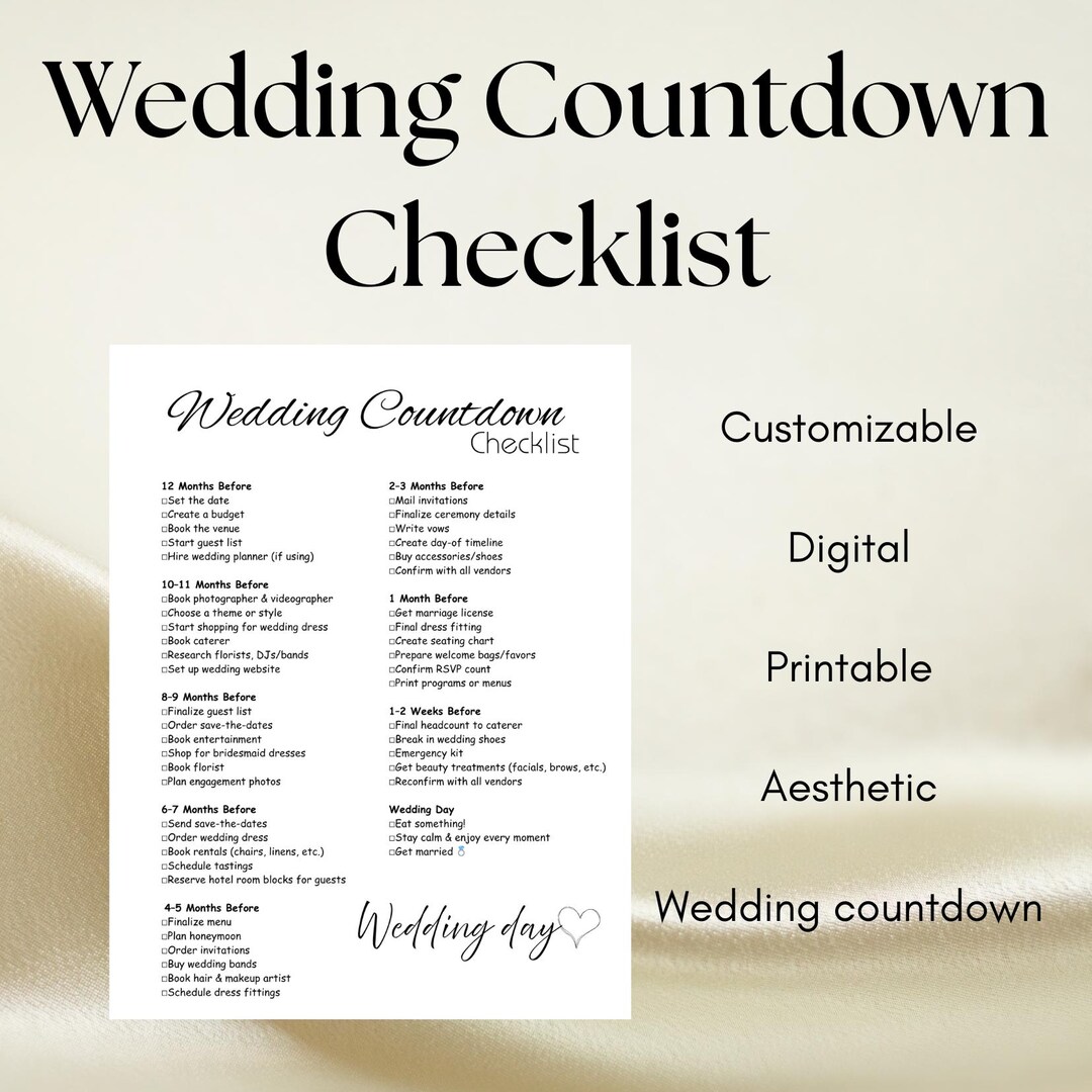 Wedding Countdown Checklist Printable • Bride To-do List • Wedding ...