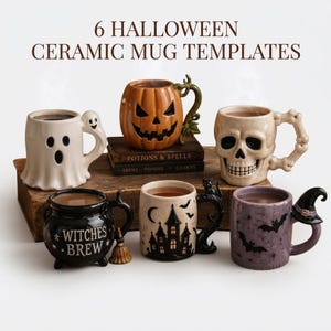 Può includere: Sei tazze in ceramica di Halloween con disegni di un fantasma, zucca, teschio, calderone nero con il testo Witches Brew, casa stregata e una tazza viola con pipistrelli e un cappello da strega, disposte su due libri impilati.