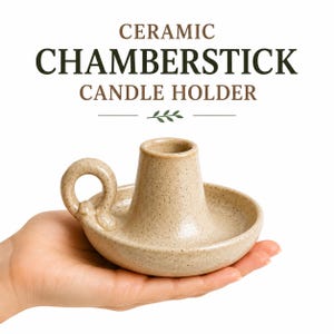 Ceramic Chamberstick Candle Holder with Handle | Rustic Farmhouse Taper Candlestick Decor
