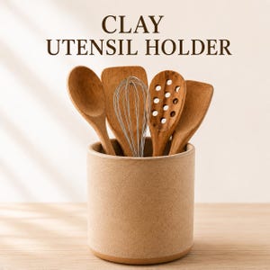 May include: A cylindrical beige clay utensil holder containing various wooden kitchen tools and a metal wire whisk. The text CLAY UTENSIL HOLDER is printed in dark brown letters above the container, which has a smooth, matte, textured surface.