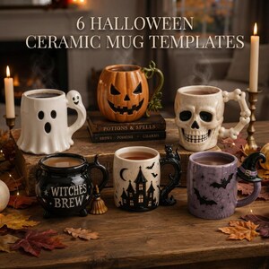 Paquete de plantillas para tazas de cerámica de Halloween, 6 patrones de arcilla para cerámica, fantasma, calabaza, calavera, bruja, casa embrujada, murciélago (PDF)