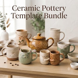 Peut inclure: Une collection de poteries en céramique comprenant une théière tachetée, divers mugs avec des motifs floraux, de chat et d'étreinte, ainsi qu'un mug côtelé avec couvercle. Le texte Ceramic Pottery Template Bundle figure en haut de l'image.