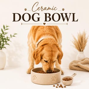 May include: A beige ceramic dog bowl with embossed paw prints, filled with brown dry kibble. A matching small ceramic scoop with kibble sits beside it. The text Ceramic DOG BOWL is displayed above a golden retriever eating from the bowl.