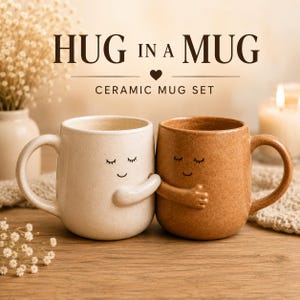 May include: A set of two ceramic mugs, one cream and one tan, featuring a speckled texture and a printed face with closed eyes and a smile. The mugs are positioned to appear as if they are hugging each other. Text reads HUG IN A MUG CERAMIC MUG SET.
