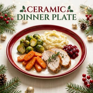 May include: A round ceramic dinner plate with a red rim, featuring a meal of sliced turkey, mashed potatoes, roasted carrots, Brussels sprouts, and cranberry sauce. The text CERAMIC DINNER PLATE is printed above the plate.