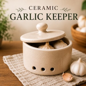Op de afbeelding: Een beige keramische knoflookpot met een bijpassend deksel en drie kleine ventilatiegaten bij de basis. De houder is gevuld met knoflookbollen en de tekst CERAMIC GARLIC KEEPER staat in het donkergroen boven het object gedrukt.