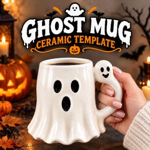 May include: A white ceramic mug shaped like a ghost with a black oval mouth and two black oval eyes. The handle is formed by a smaller ghost figure with a smiling face. The text GHOST MUG CERAMIC TEMPLATE is printed above the mug in white and orange.