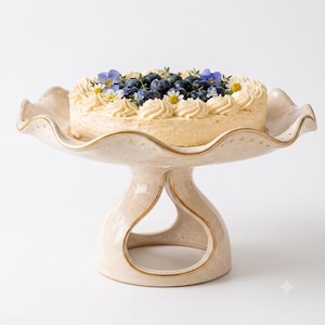 Può includere: Una torta rotonda guarnita con ciuffi di panna, mirtilli freschi e piccoli fiori bianchi e viola, poggiata su un'alzata in ceramica maculata con bordo smerlato e finiture dorate sulla base e sul bordo del piatto.