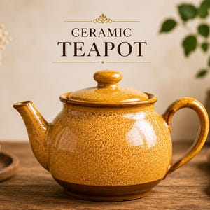 May include: A mustard yellow ceramic teapot with a crackled glaze finish, a matching lid, a curved spout, and a sturdy handle. The text CERAMIC TEAPOT is printed above the teapot in a dark brown font with decorative lines and a small emblem.