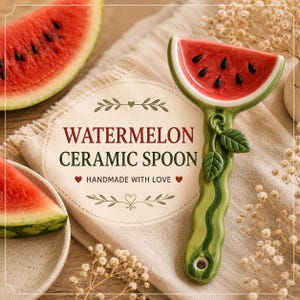Pode incluir: Uma colher de cerâmica em formato de fatia de melancia, com a parte côncava vermelha contendo sementes pretas e um cabo verde que imita a casca, decorado com duas pequenas folhas. O texto WATERMELON CERAMIC SPOON HANDMADE WITH LOVE está impresso.