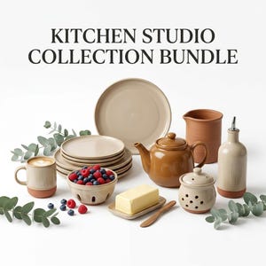 Kitchen Studio Collection Bundle PDF | 8 Ceramic Pottery Templates | Mug, Teapot, Berry Bowl, Butter Dish, Garlic Keeper Pattern