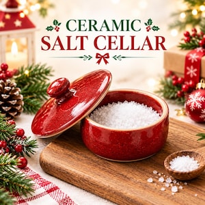May include: A round red ceramic salt cellar with a matching lid, filled with white salt crystals. The text CERAMIC SALT CELLAR is printed above the container. A small wooden spoon containing salt rests on the wooden surface nearby.