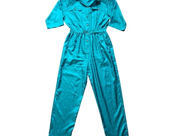 Vintage Rebecca Stessens California Teal Jumpsuit Button Front 80s Made in USA